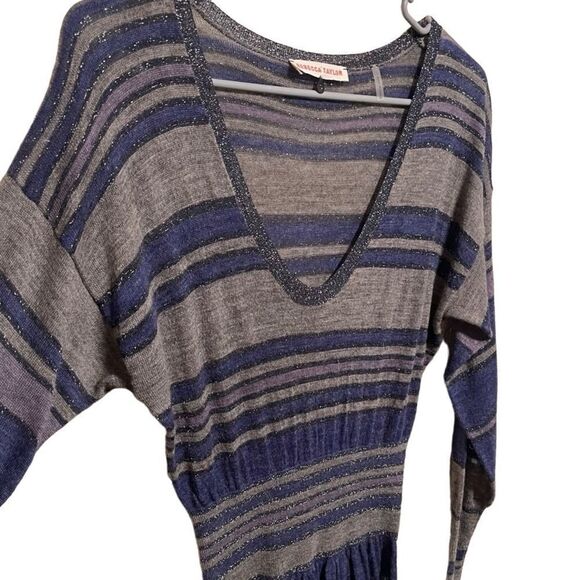 Rebecca Taylor- Women’s Metallic Blue Striped V-Neck Long Sleeve Dress, Size S - Picture 5 of 14
